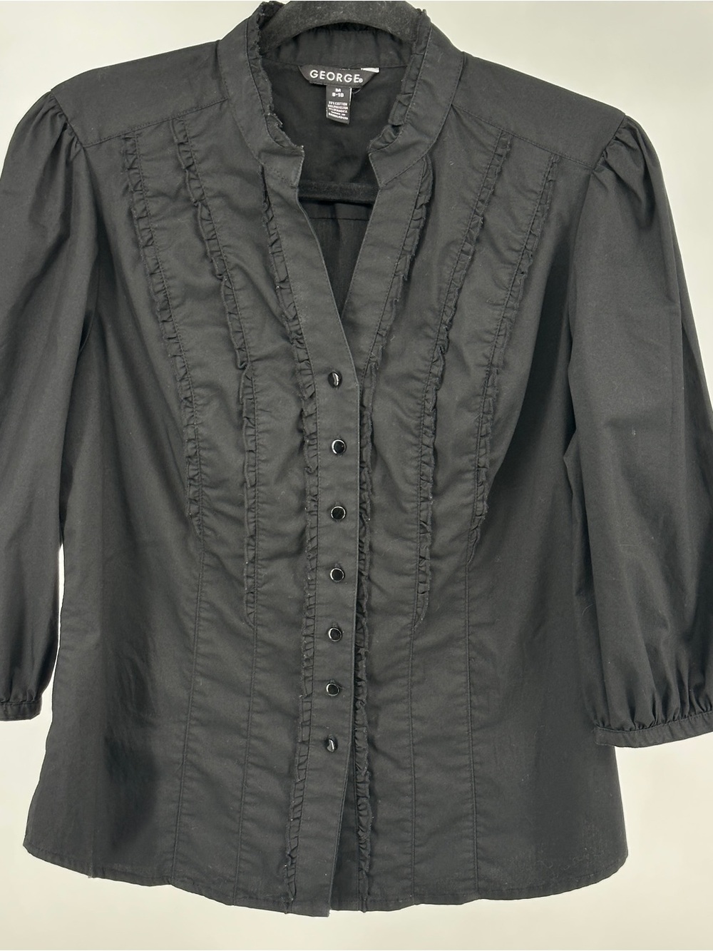 George Black Ruffle-Trim Button-Front Women's Medium Blouse Whimsy Goth‎